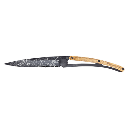 Deejo Serrated 37g Black Olive Wood 'Hunting Scene'