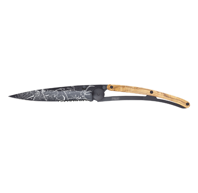 Deejo Serrated 37g Black Olive Wood 'Hunting Scene'