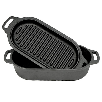 Valhal Outdoor Schmortopf aus Gusseisen mit Grilldeckel, oval, 1 Liter