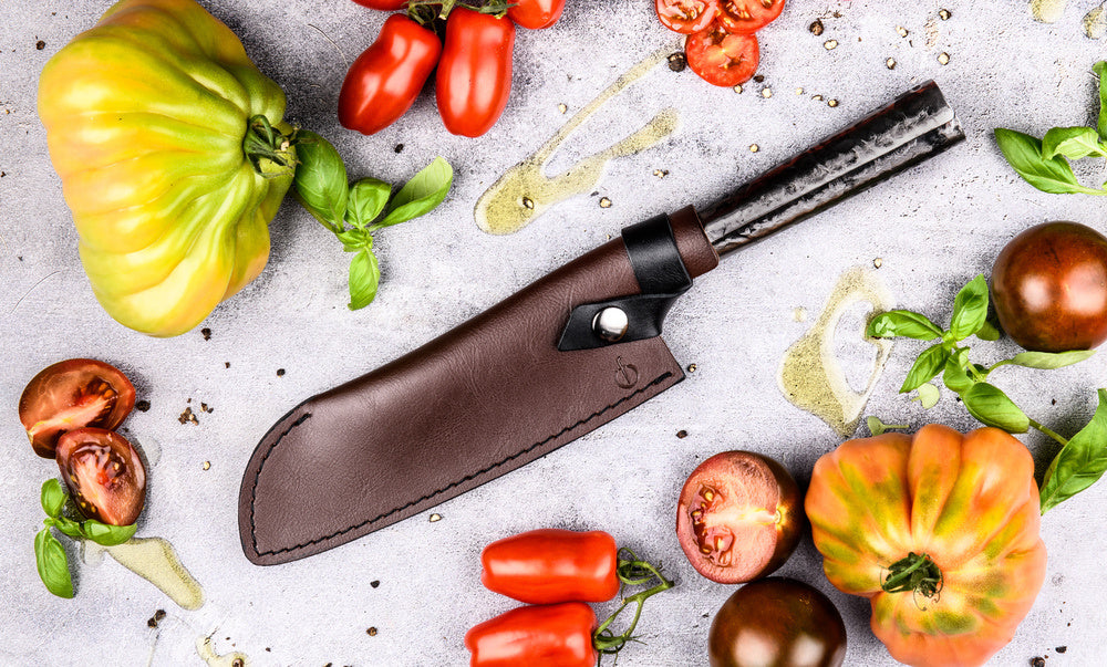 Leather Forged Leather Cover Santoku Knife 18cm