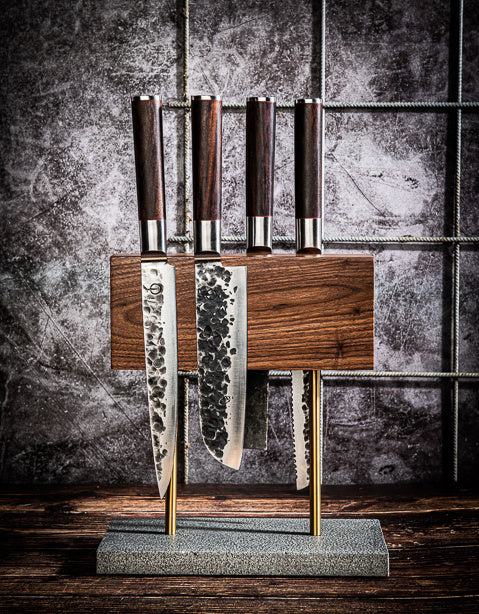 Magnetic Knife Block Walnut on Natural Stone Base