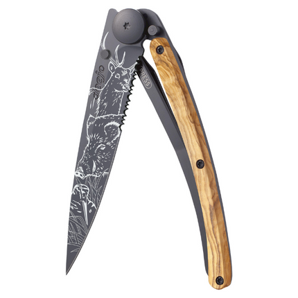 Deejo Serrated 37g Black Olive Wood 'Hunting Scene'