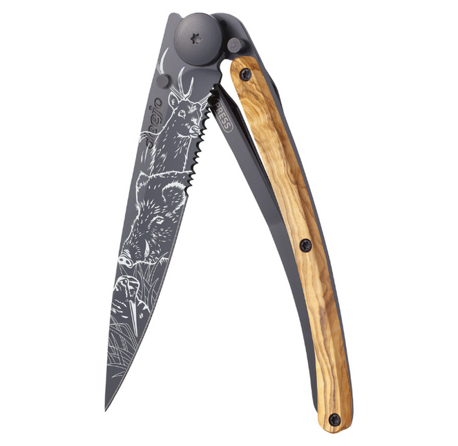 Deejo Serrated 37g Black Olive Wood 'Hunting Scene'