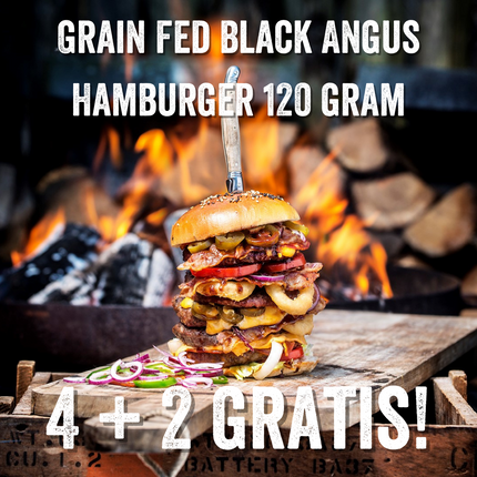 Weekdeal: Grain Fed Black Angus Hamburger 120 gram 4 + 2 gratis