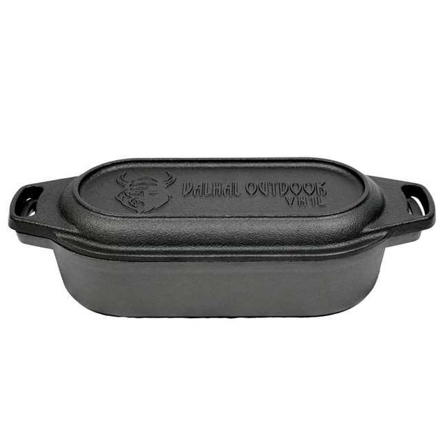 Valhal Outdoor Schmortopf aus Gusseisen mit Grilldeckel, oval, 1 Liter