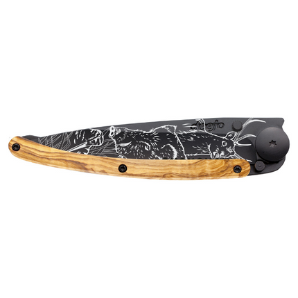 Deejo Serrated 37g Black Olive Wood 'Hunting Scene'