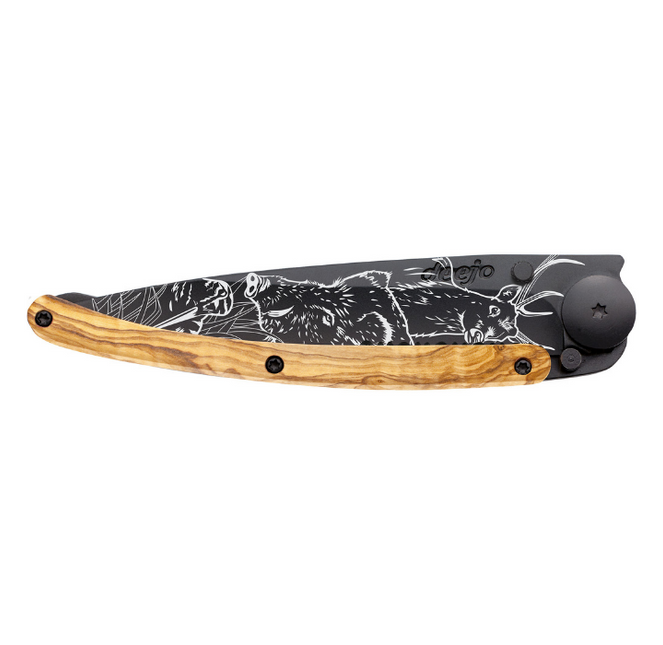 Deejo Serrated 37g Black Olive Wood 'Hunting Scene'