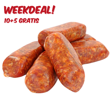 Home Made WEEKDEAL: BBQ Worst Chorizo 80 gram 10 + 5 GRATIS