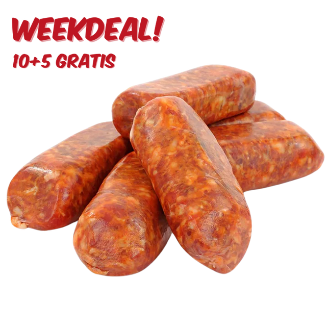 Home Made WEEKDEAL: BBQ Worst Chorizo 80 gram 10 + 5 GRATIS