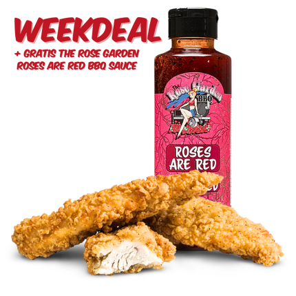 Home Made Weekdeal: Classic American Chicken Strips 1000 gram + The Rose Garden Roses Are Red BBQ Sauce 500 ml