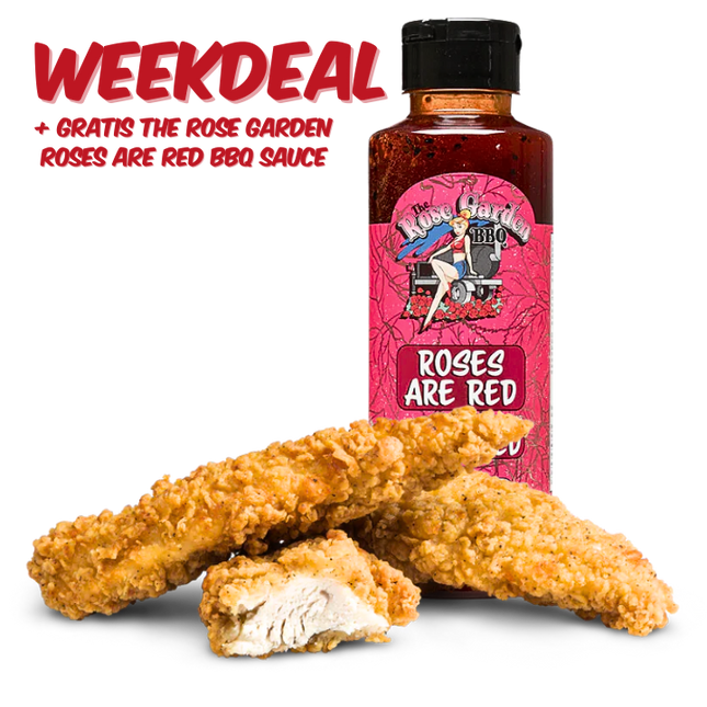 Home Made Weekdeal: Classic American Chicken Strips 1000 gram + The Rose Garden Roses Are Red BBQ Sauce 500 ml