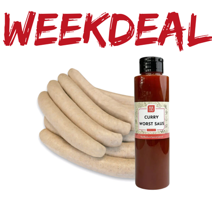 Home Made Weekdeal: Duitse Braadworst 5 x 100 gram + Van Beekum Curry Worst Saus 500 ml