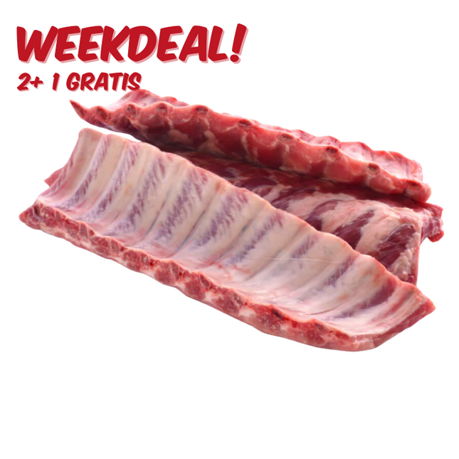 Home Made WEEKDEAL: Hollandse Horeca Spare Ribs Streng 500 gram 2 + 1 gratis