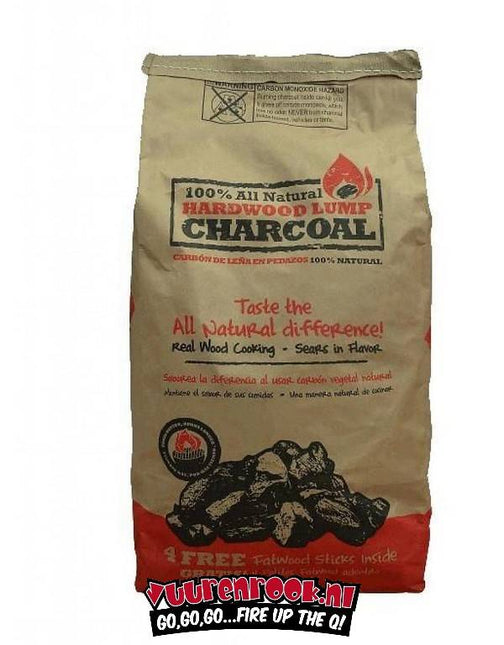 Vuur & Rook All Natural Hardwood Lump Charcoal 4,5 kilo + Gratis Fatwood Sticks