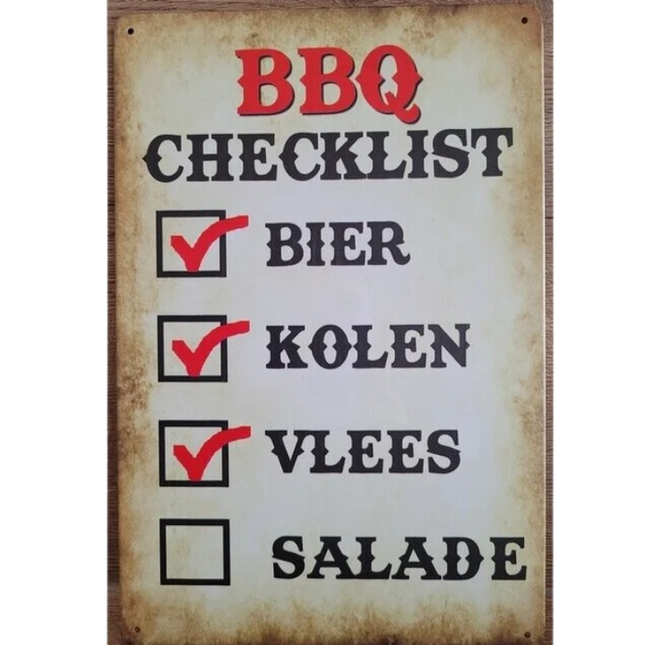 Vuur & Rook BBQ Wandbord Barbecue Checklist 30x20cm